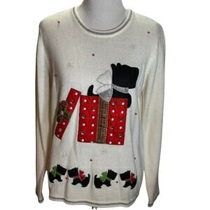 Holiday Dog Gift Box Sweater L 12-14 White Festive Scottie Dogs Rhinestones